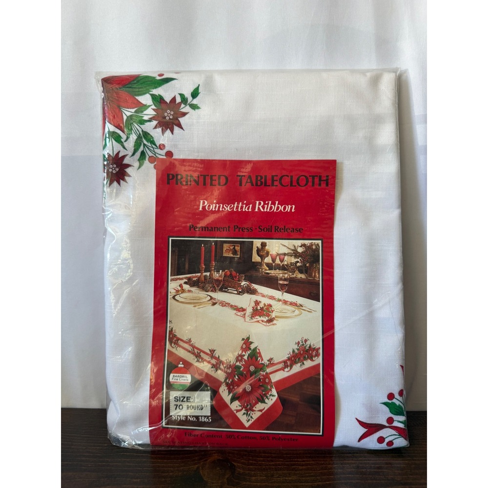 Bardwil Fine Linens Poinsettia Ribbon Round Tablecloth 70 Inch Christmas Holiday